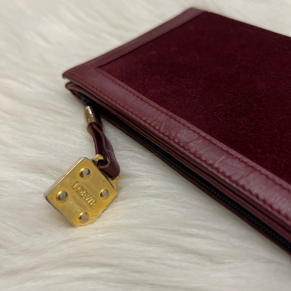 LOEWE - BURGUNDY LEATHER SUEDE COMPACT BIFOLD PASSPORT HOLDER SNAP WALLET - Picture 7 of 10